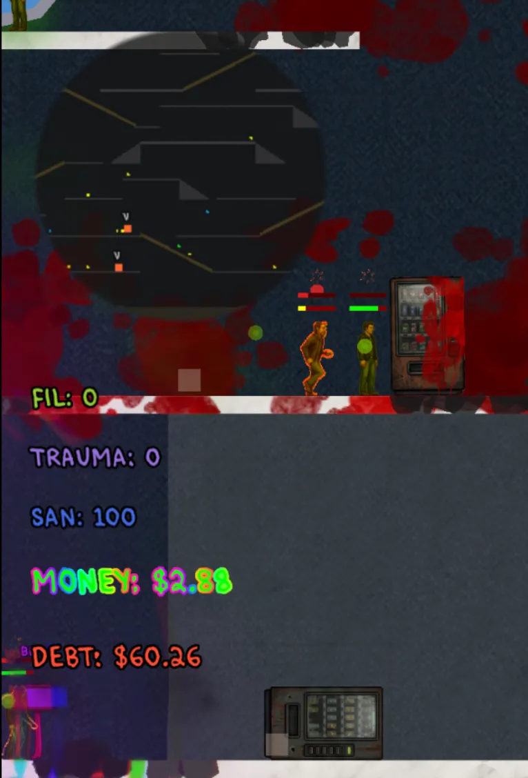 close-up of bloody vending machine and HUD status effects